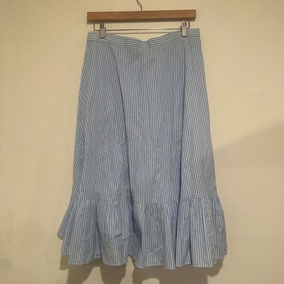 Jill Jill Stuart Blue Striped Ruffled Pleated Faux Wrap Skirt Size 4 Spring Cott - Picture 5 of 6